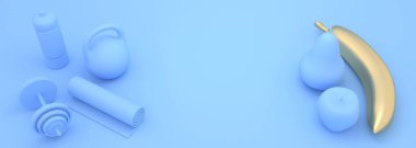 Jimnastik, spor ve spor aletleri. Dambıllar, bob, yoga minderi ve şişe. Sağlıklı yaşam tarzı ve meyve toplama araçları. Elma, muz ve armut. 3 Boyutlu Hazırlama