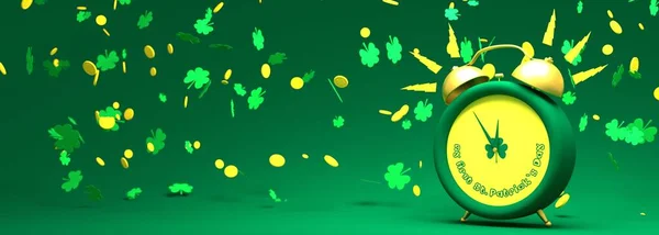 Modelo de cartão de saudação St. Patricks Day. Folhas de Shamrock e moedas de ouro. A tocar despertador com o meu primeiro SMS do Dia de St. Patricks. Renderização 3D — Fotografia de Stock