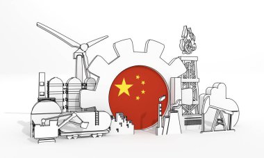 Enerji ve güç endüstriyel konsepti. Çin bayrağı taşıyan sanayi simgeleri ve teçhizatları. 3B Hazırlama