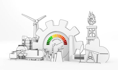 Enerji ve güç endüstriyel konsepti. Endüstriyel ikonlar ve verimlilik ölçer. - Evet. 3B Hazırlama