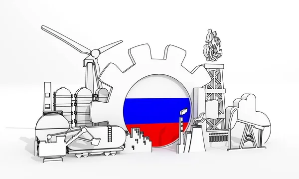 Energie- und energieindustrielles Konzept. Industrielle Ikonen und Ausrüstung mit der Flagge Russlands. 3D Render — Stockfoto