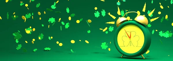 St. Patricks Dag wenskaart template. Shamrock bladeren en gouden munten. De wekker gaat. 3D-weergave — Stockfoto