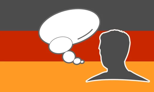 Uomo silhouette testa con discorso bolla e bandiera nazionale della Germania. Il concetto di comunicazione internazionale, educazione, sport, viaggi, affari. — Vettoriale Stock