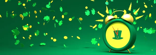 St. Patricks Day greeting card template. Shamrock leafs and golden coins. Ringing alarm clock. 3D render — Stock Photo, Image