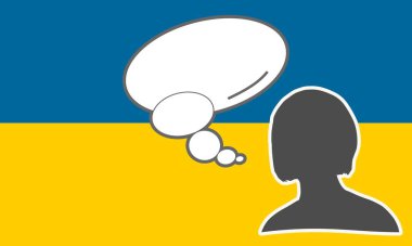 Kabarcık dili ve Ukrayna bayrağı taşıyan kadın silueti. Uluslararası iletişim, eğitim, spor, seyahat, iş.