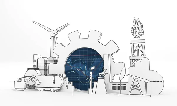Concepto industrial de energía y energía. Iconos industriales y engranajes con gráfico de comercio. Renderizado 3D — Foto de Stock