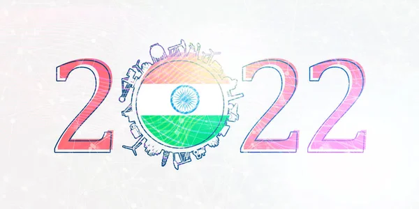 Numero 2022 anni con icone industriali a circa zero cifre. Bandiera dell'India. — Foto Stock