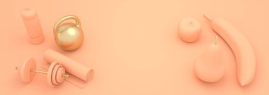 Jimnastik, spor ve spor aletleri. Dambıllar, bob, yoga minderi ve şişe. Sağlıklı yaşam tarzı ve meyve toplama araçları. Elma, muz ve armut. 3 Boyutlu Hazırlama