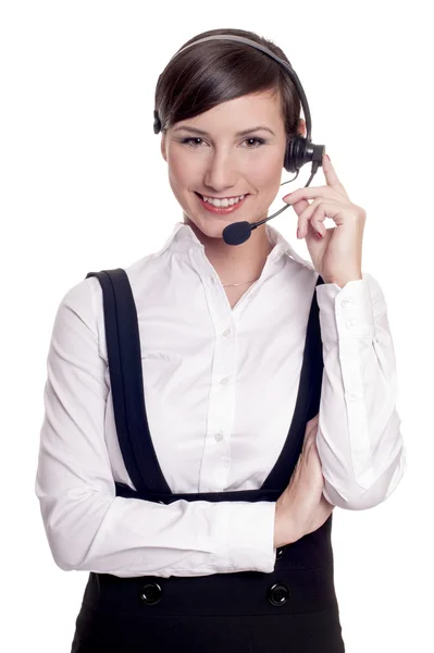 Ritratto di un operatore sorridente di call center in auricolare isolato su bianco — Foto Stock