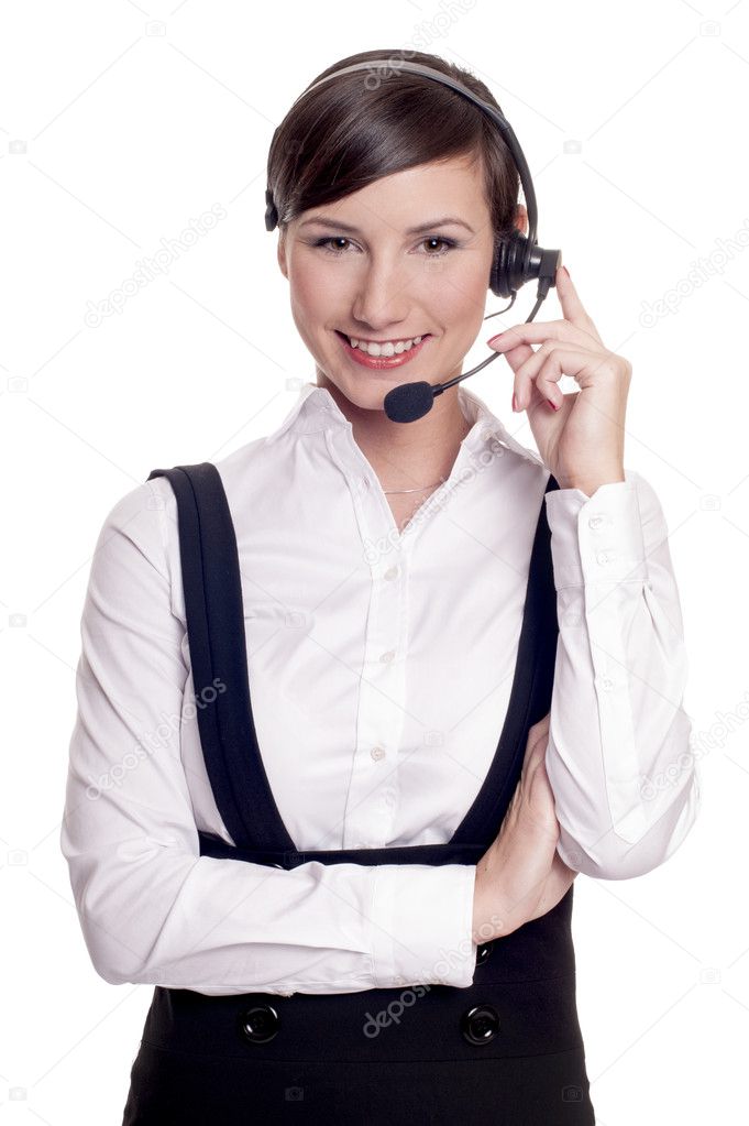 Portrait of a smiling call center operator in headset isolated on white