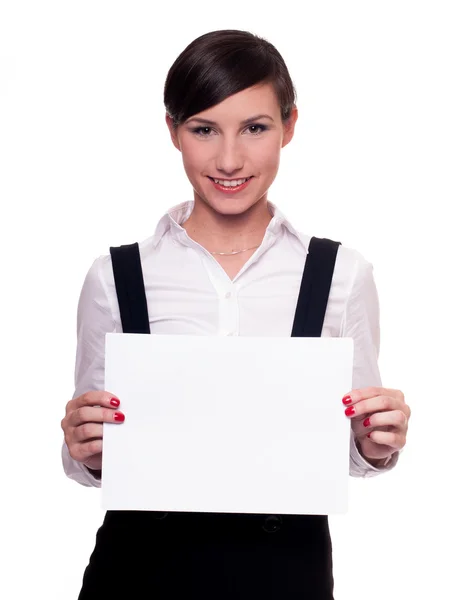 Mujer de negocios bonita con pedazo de papel en blanco — Foto de Stock