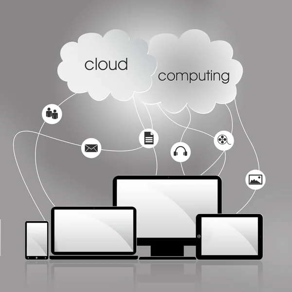 Cloud computing concept with many icons like tablet, smartphone, desktop, laptop, music, image, video — Stock Photo, Image