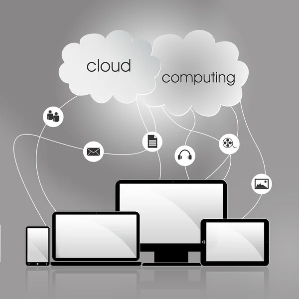 Cloud computing concept with many icons like tablet, smartphone, desktop, laptop, music, image, video Stock Photo