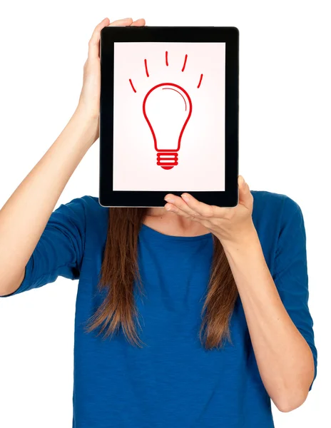 Ideenkonzept - Frau mit Tablet-Computer und Glühbirne als Ideensymbol Stockbild