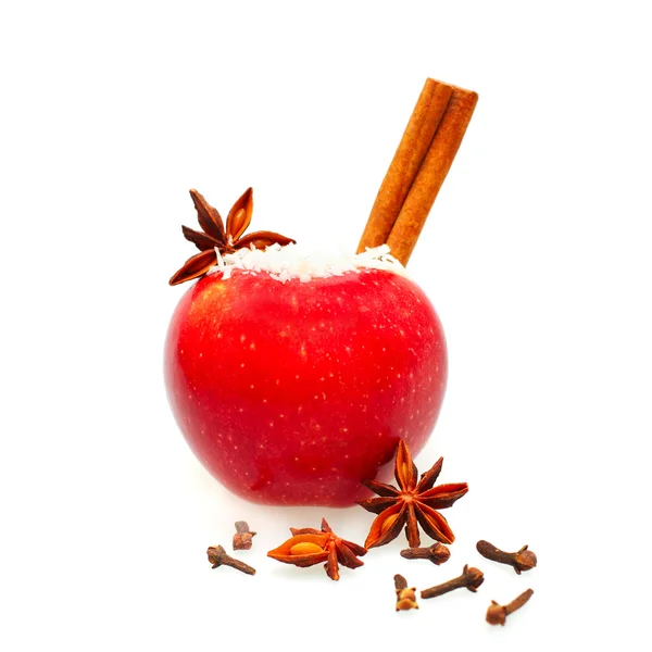 Christmas food decor isolated - red apple, anise and cinnamon — Stock Photo, Image