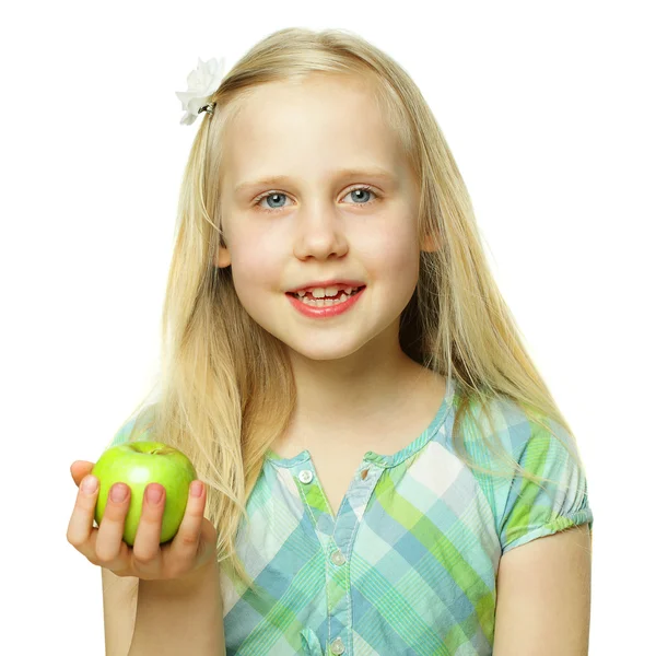 Healthy eating concept, smiling child girl holding green apple, — Stock Photo, Image