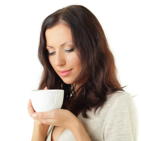 Kvinna och te eller kaffe kopp isolerad på vit bakgrund — Stockfoto