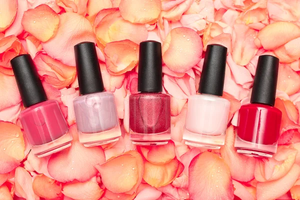 Shiny nail polish on rose petals — Stock Photo, Image