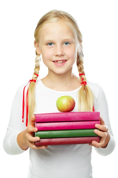 Chica con manzana y libros —  Fotos de Stock
