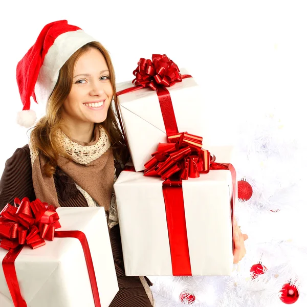 Kerstmis, gelukkige vrouw met geschenken — Stockfoto