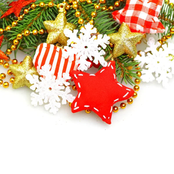 Christmas background with green fir, red star, gold decorations — Stock Photo, Image