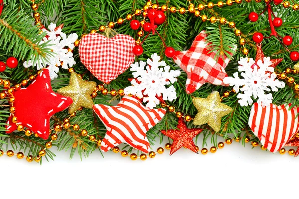 Colorful Christmas border with snowflake, green Xmas treer twig — Stock Photo, Image