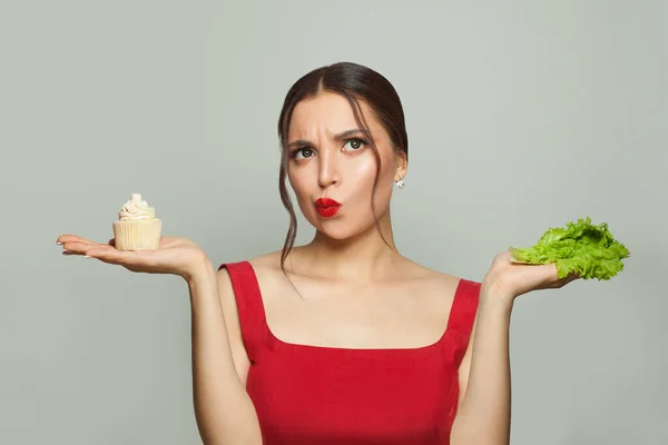 Diet Concept Woman Unhealthy Healthy Food White Background — Stock Photo, Image