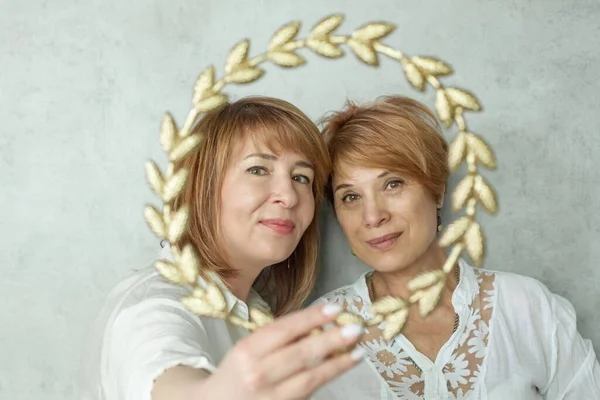 Two Mature Woman Golden Frame Border Portrait — Stock Photo, Image