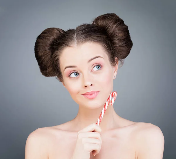 Thinking Woman Holding Candy Lollipop Portrait — Stock Photo, Image