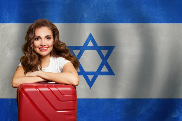 Happy Woman Israel Flag Background — Stock Photo, Image