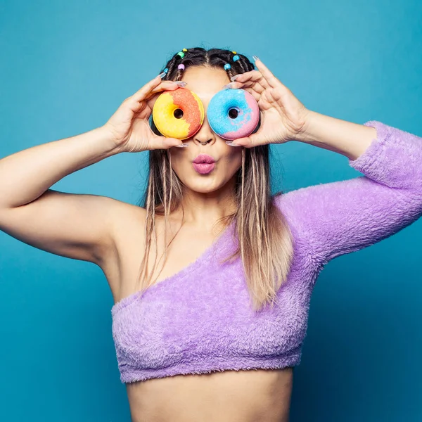 Perfect Pretty Happy Woman Looking Bright Colorful Donuts Blue Studio — Stock Photo, Image