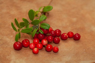 Cowberries with green leaves on brown wooden background