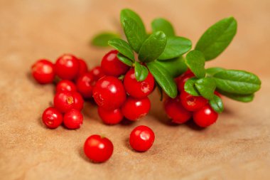 Red cowberry and green leaves on brown wooden background