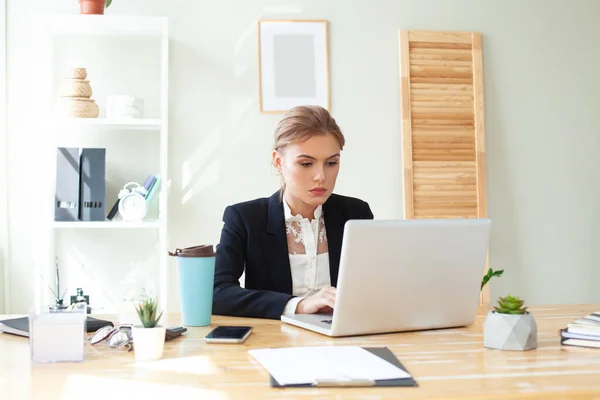 Young Businesswoman Using Laptop Workspace — Stok fotoğraf