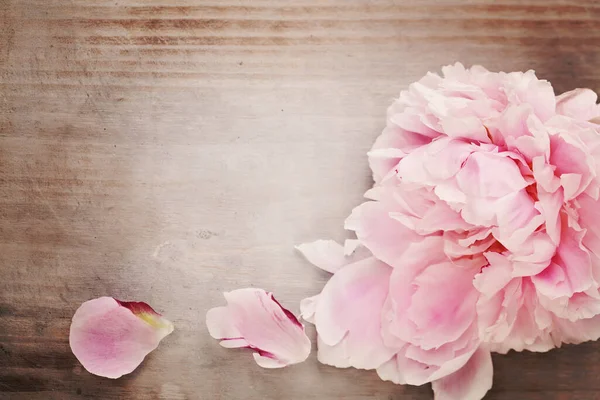 Vackra Rosa Pion Blomma Vintage Trä Bakgrund — Stockfoto