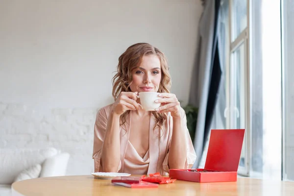 Portrait Smiling Young Lady Holding Coffee Cup Home — Stockfoto