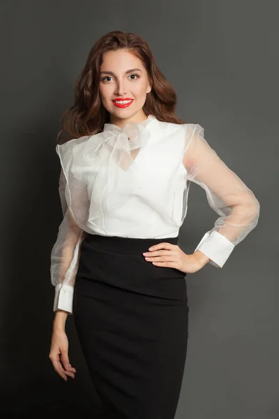 Happy Successful Woman White Blouse Standing Gray Background — Stock Photo, Image