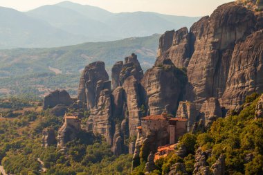 Mountain scenery with Meteora rocks and Monastery. Famous place in Greece