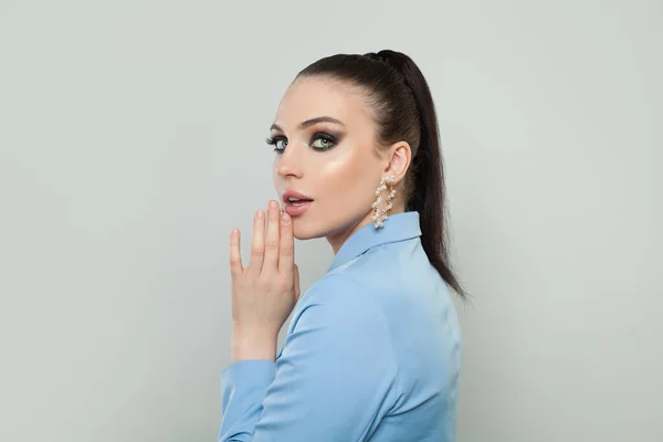 Portrait Pretty Woman Makeup Dark Hair Wearing Blue Suit White — Stok fotoğraf
