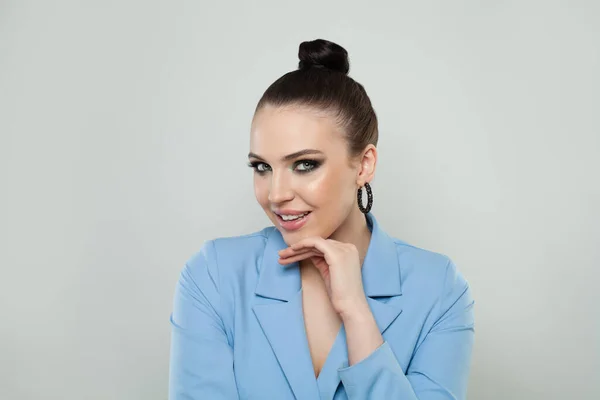 Positive Woman Bun Hairstyle Makeup Smiling White Background — Fotografia de Stock