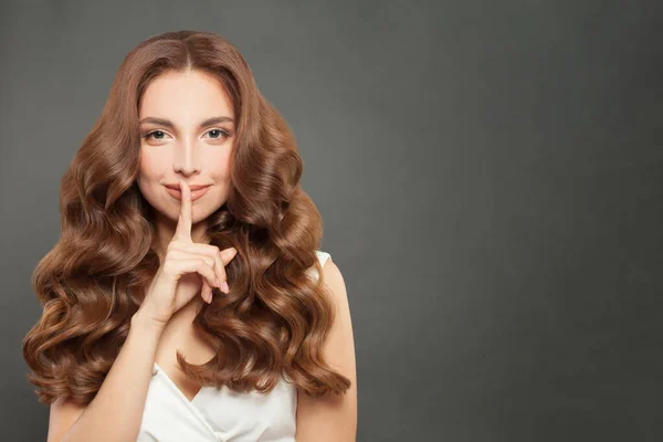 Beautiful Woman Holding Finger Lips Silence Secret Concept Stockfoto