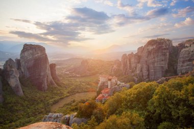 Greek meteora monastery against sky clouds landscape. 