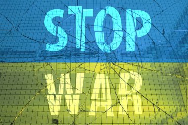Blue and yellow background with inscription Stop war. No war in Ukraine concept
