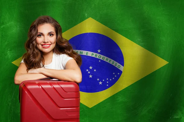 Love Brazil Attractive Woman Red Suitcase Brazilian Flag Background Travel — Stock Photo, Image