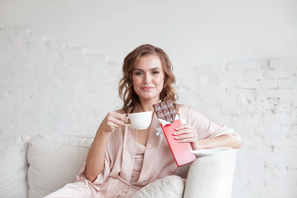 Satisfied Pretty Woman Enjoying Chocolate Coffee — Foto de Stock