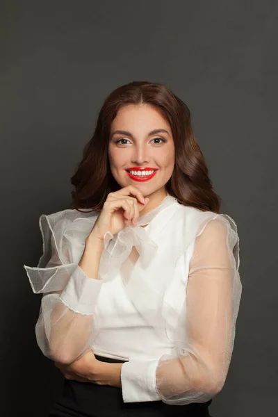 Beautiful Smart Smiling Woman White Blouse Gray Studio Portrait — Stockfoto