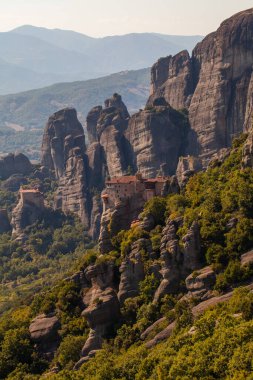 Monastery and group of huge rocks near Kalabaka town at Meteora, Greece
