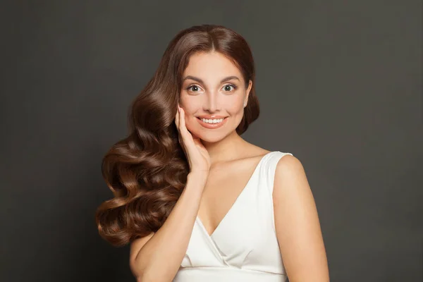 Happy Cheerful Woman Cute Toothy Smile Perfect Brown Hair Makeup — Stock Fotó