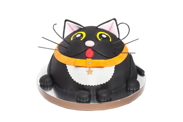 Delicious Chocolate Cake Black Cat Decorated Marzipan Mastic Isolated White — Stockfoto