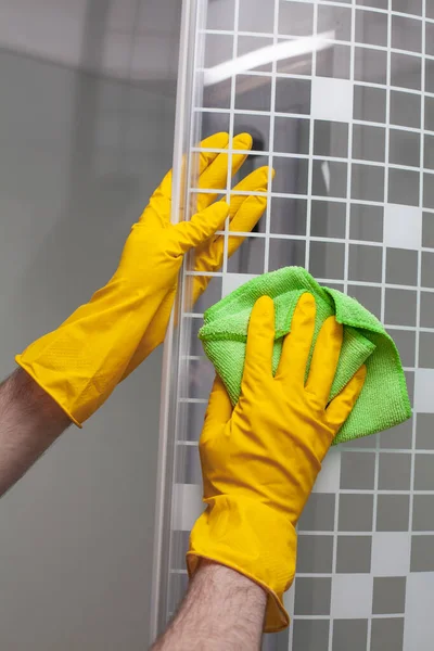 Employee Hands Rubber Protective Gloves Rag Washing Polishing Shower Cabin — Stok fotoğraf